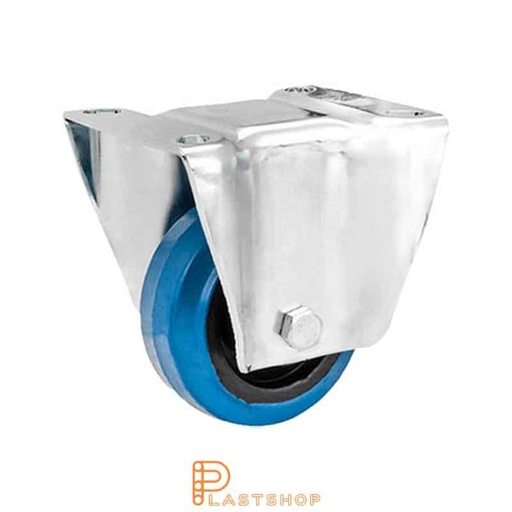 [P2001110] Fixed bracket, plate, wheel diameter 80 mm, construction height 108 mm, hub in PA6 with soft band in ElastoGum in blå. 100 kg load capacity, roller bearing