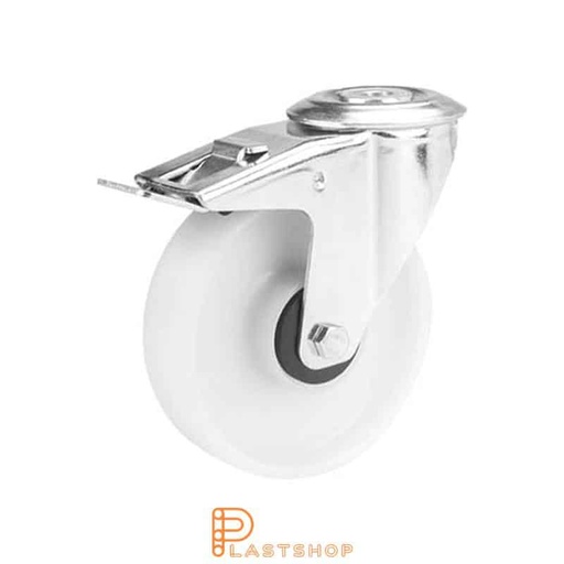 [P2000875] Link wheel with brake, center hole, wheel diameter 100 mm, construction height 128 mm, hard wheel in solid PP, 150 kg load capacity, ball bearing