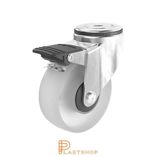 [P2000384] Link wheel with brake, center hole, wheel diameter 100 mm, construction height 132 mm, hard wheel in solid PA6, 140 kg load capacity, ball bearing