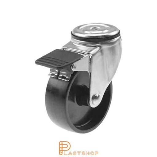 [P2000388] Link wheel with brake, center hole, wheel diameter 100 mm, construction height 132 mm, hard wheel in solid PP, 120 kg load capacity, slide bearing