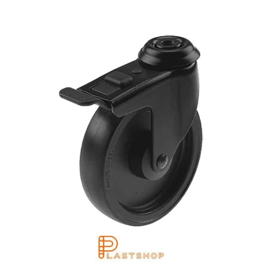 [P2000282] Rueda de enlace con freno, agujero central, diámetro de la rueda 125 mm, altura de construcción 150 mm, buje en PA6 con banda suave en PUR de color negro. 70 kg de carga, rodamientos deslizantes