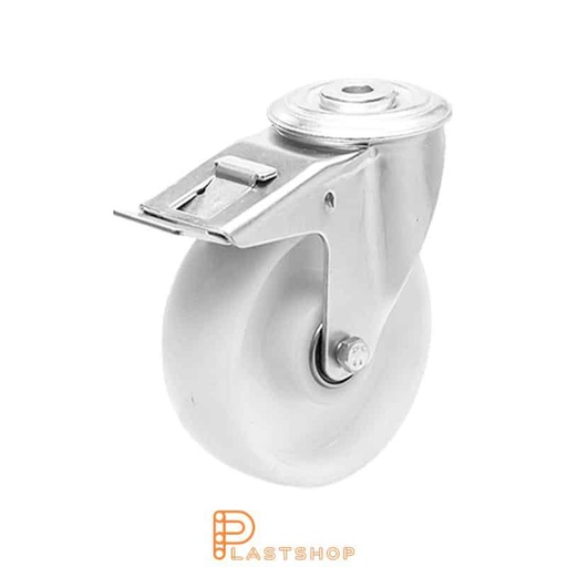 [P2000932] Link wheel with brake, center hole, wheel diameter 125 mm, construction height 155 mm, hard wheel in solid PA6, 180 kg load capacity, double ball bearing