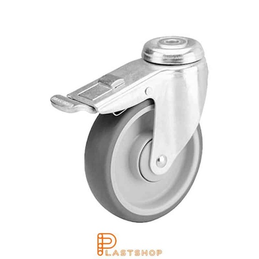 [P2000338] Rueda de enlace con freno, agujero central, diámetro de la rueda 125 mm, altura de construcción 159 mm, buje en PP con banda suave en TPE de color gris. 100 kg de carga, rodamientos de bolas