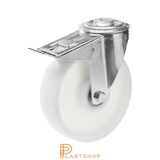 [P2001047] Rueda de enlace con freno, agujero central, diámetro de la rueda 200 mm, altura de construcción 235 mm, rueda dura en PA6 macizo, 300 kg de carga, rodamientos de bolas dobles