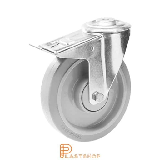 [P2001052] Länkhjul med broms, centrumhål, hjuldiameter 200 mm, bygghöjd 235 mm, nav i PA6 med mjuk bana i ElastoGum i grå färg. 300 kg bärighet, dubbla kullager