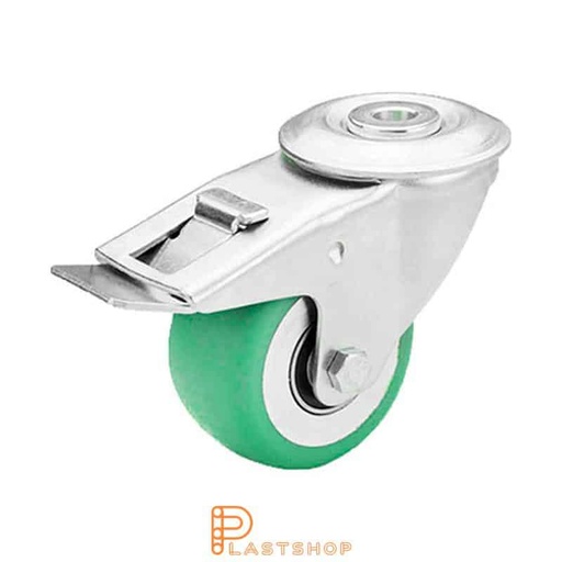 [P2000818] Länkhjul med broms, centrumhål, hjuldiameter 80 mm, bygghöjd 108 mm, nav i aluminium med mjuk bana i ElastoPUR i grön färg. 180 kg bärighet, dubbla kullager