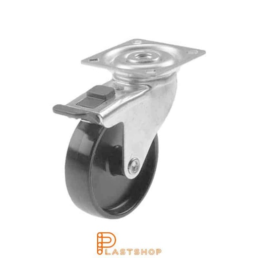 [P2000209] Rueda de enlace con freno, placa, diámetro de la rueda 100 mm, altura de construcción 121 mm, rueda dura de PA6 macizo, 55 kg de carga, cojinete deslizante