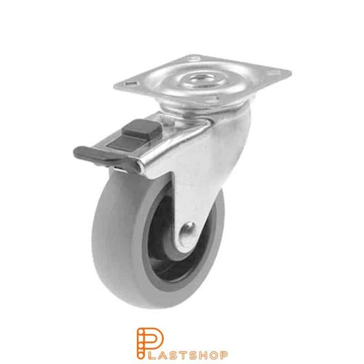 [P2000214] Länkhjul med broms, platta, hjuldiameter 100 mm, bygghöjd 121 mm, nav i PP med mjuk bana i PUR i grå färg. 55 kg bärighet, glidlager