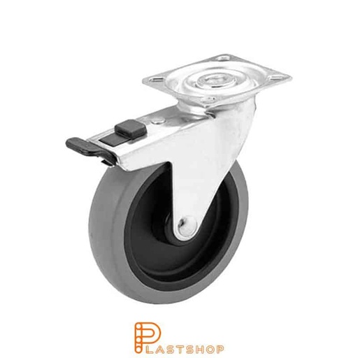 [P2000210] Länkhjul med broms, platta, hjuldiameter 100 mm, bygghöjd 121 mm, nav i PP med mjuk bana i TPE i grå färg. 55 kg bärighet, glidlager