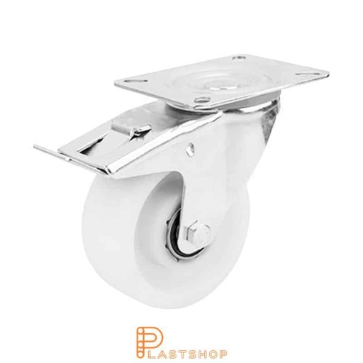 [P2000900] Rueda de enlace con freno, placa, diámetro de la rueda 100 mm, altura de construcción 128 mm, rueda dura de PA6 macizo, 200 kg de carga, cojinetes de bolas dobles