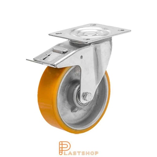 [P2000909] Länkhjul med broms, platta, hjuldiameter 100 mm, bygghöjd 128 mm, nav i aluminium med mjuk bana i PUR i orange färg. 200 kg bärighet, dubbla kullager