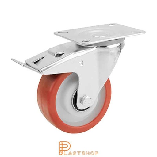 [P2000906] Länkhjul med broms, platta, hjuldiameter 100 mm, bygghöjd 128 mm, nav i PA6 med mjuk bana i PUR i röd färg. 200 kg bärighet, dubbla kullager