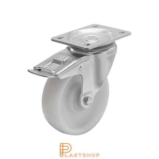 [P2000445] Rueda de enlace con freno, placa, diámetro de la rueda 100 mm, altura de construcción 130 mm, rueda dura de PA6 macizo, 350 kg de carga, rodamiento