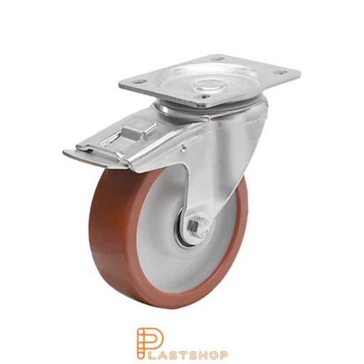 [P2000447] Länkhjul med broms, platta, hjuldiameter 100 mm, bygghöjd 130 mm, nav i PA6 med mjuk bana i PUR i röd färg. 300 kg bärighet, dubbla kullager