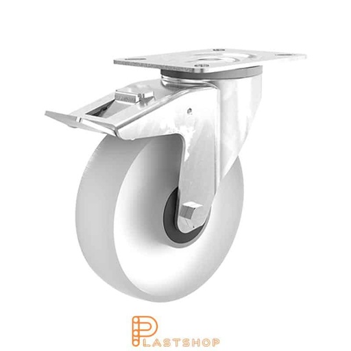 [P2000959] Rueda de enlace con freno, placa, diámetro de la rueda 125 mm, altura de construcción 155 mm, rueda dura de PA6 macizo, 180 kg de carga, cojinete de bolas