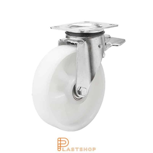 [P2001213] Rueda de enlace con freno, placa, diámetro de la rueda 125 mm, altura de construcción 165,5 mm, rueda dura de PA6 macizo, 250 kg de carga, cojinete deslizante