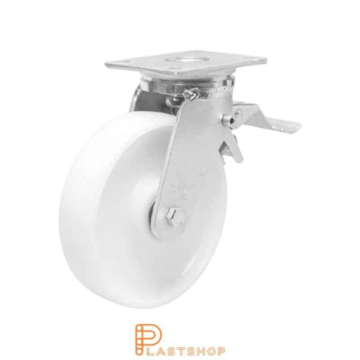 [P2001568] Lenkjhjul med bremse, plate, hjuldiameter 125 mm, byggehøyde 170 mm, hardt hjul i massiv PA6, 750 kg bæreevne, doble kullager