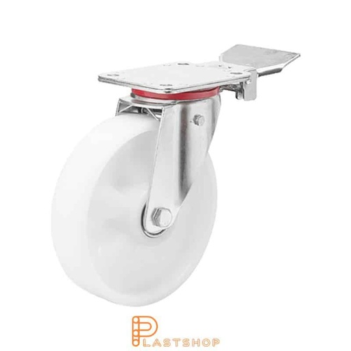 [P2000993] Lenkjhjul med bremse, plate, hjuldiameter 150 mm, byggehøyde 195 mm, hardt hjul i massiv PA6, 350 kg bæreevne, doble kullager