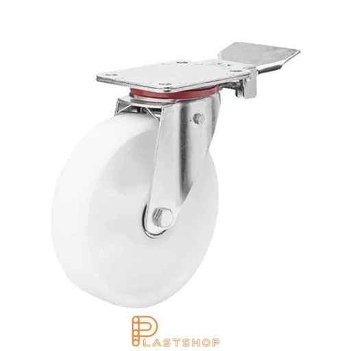 [P2001034] Lenkjhjul med bremse, plate, hjuldiameter 160 mm, byggehøyde 200 mm, hardt hjul i massiv PA6, 350 kg bæreevne, doble kullager