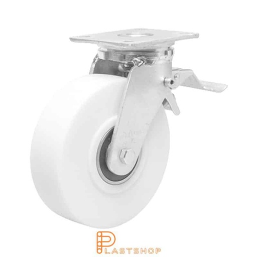 [P2001616] Lenkjhjul med bremse, plate, hjuldiameter 200 mm, byggehøyde 245 mm, hardt hjul i massiv PA6 C, 1500 kg bæreevne, doble kullager