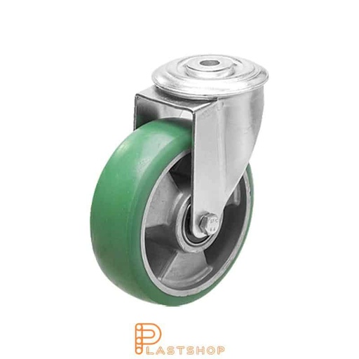 [P2000858] Länkhjul utan broms, centrumhål, hjuldiameter 100 mm, bygghöjd 128 mm, nav i aluminium med mjuk bana i ElastoPUR i grön färg. 150 kg bärighet, dubbla kullager