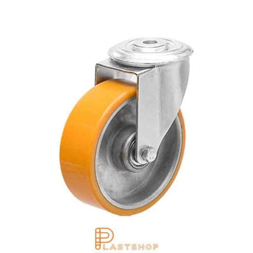 [P2000857] Länkhjul utan broms, centrumhål, hjuldiameter 100 mm, bygghöjd 128 mm, nav i aluminium med mjuk bana i PUR i orange färg. 150 kg bärighet, dubbla kullager