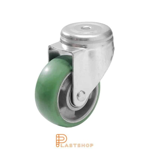 [P2000586] Länkhjul utan broms, centrumhål, hjuldiameter 100 mm, bygghöjd 132 mm, nav i aluminium med mjuk bana i ElastoPUR i grön färg. 200 kg bärighet, dubbla kullager