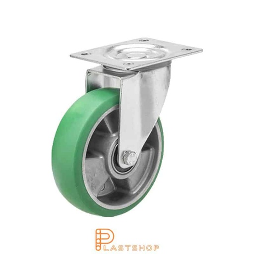 [P2000893] Länkhjul utan broms, platta, hjuldiameter 100 mm, bygghöjd 128 mm, nav i aluminium med mjuk bana i ElastoPUR i grön färg. 200 kg bärighet, dubbla kullager