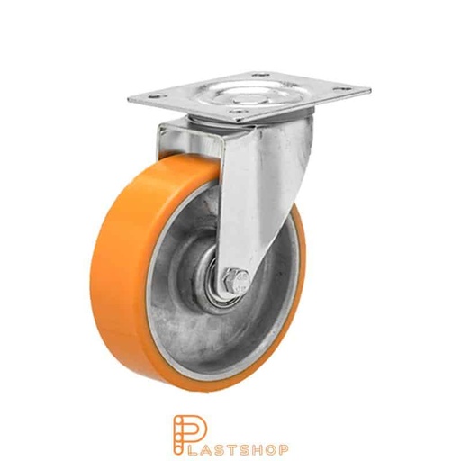 [P2000892] Länkhjul utan broms, platta, hjuldiameter 100 mm, bygghöjd 128 mm, nav i aluminium med mjuk bana i PUR i orange färg. 250 kg bärighet, dubbla kullager