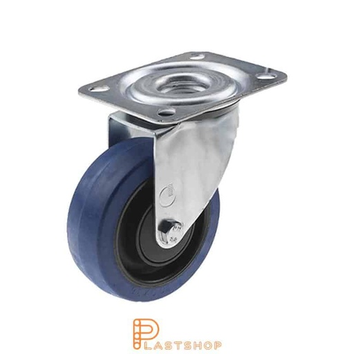 [P2000443] Link wheel without brake, plate, wheel diameter 100 mm, building height 128 mm, hub in PA6 with soft band in ElastoGum in blue color. 160 kg load capacity, ball bearing