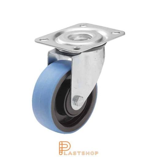 [P2000440] Länkhjul utan broms, platta, hjuldiameter 100 mm, bygghöjd 128 mm, nav i PA6 med mjuk bana i PUR i blå färg. 160 kg bärighet, kullager