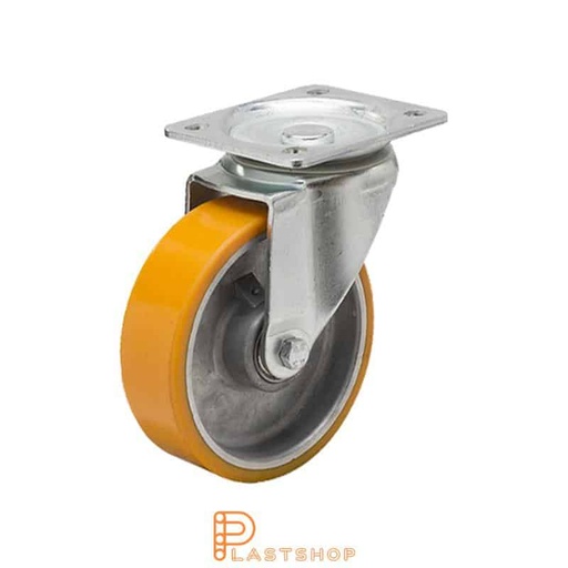 [P2000438] Lenkehjul uten bremse, plate, hjuldiameter 100 mm, byggehøyde 130 mm, nav i aluminium med myk bane i PUR i oransje farge. 200 kg bæreevne, doble kuleledd