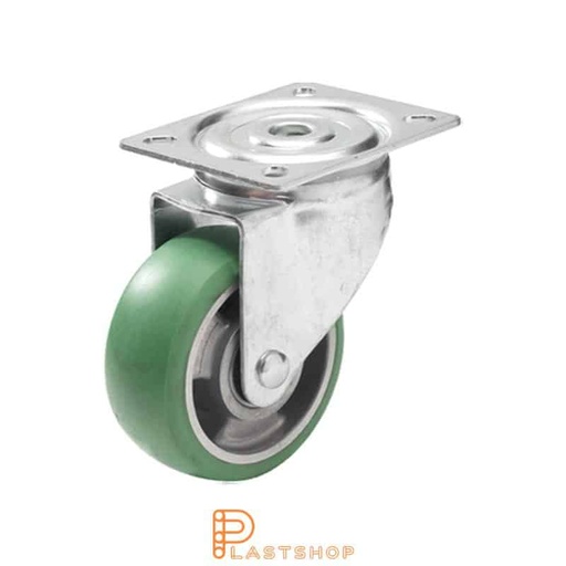 [P2000619] Link wheel without brake, plate, wheel diameter 100 mm, building height 132 mm, hub in aluminum with soft band in ElastoPUR in grön. 160 kg load capacity, double ball bearing