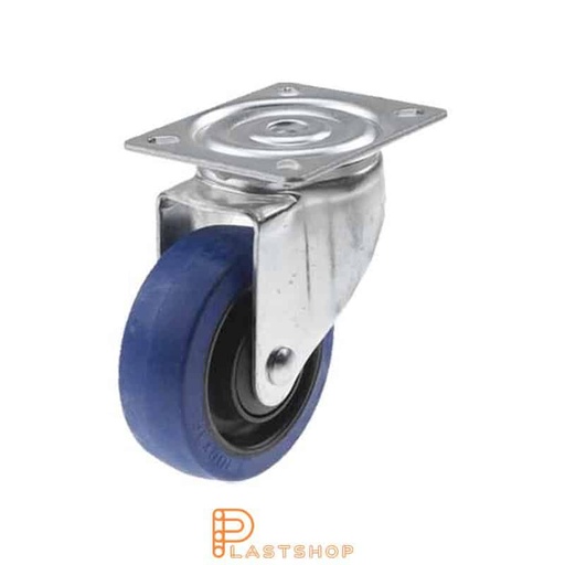 [P2000623] Link wheel without brake, plate, wheel diameter 100 mm, building height 132 mm, hub in PA6 with soft band in ElastoGum in blå. 225 kg load capacity, ball bearing