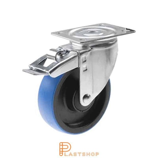 [P2000648] Lenkehjul uten bremse, plate, hjuldiameter 100 mm, byggehøyde 132 mm, nav i PA6 med myk bane i PUR i blå farge. 200 kg bæreevne, kuleledd