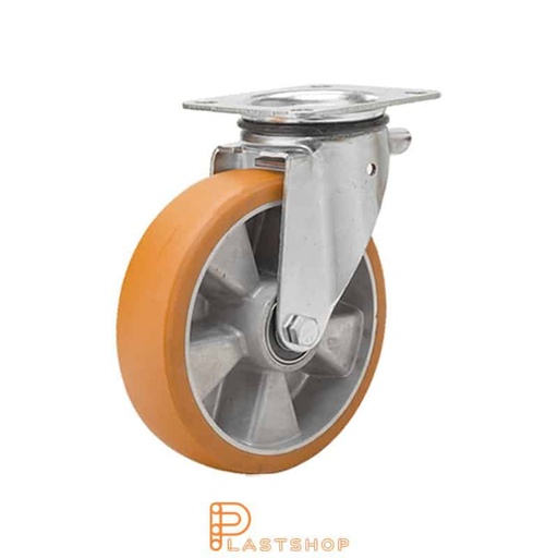 [P2001195] Lenkehjul uten bremse, plate, hjuldiameter 100 mm, byggehøyde 140 mm, nav i aluminium med myk bane i ElastoPUR i brun farge. 400 kg bæreevne, doble kuleledd