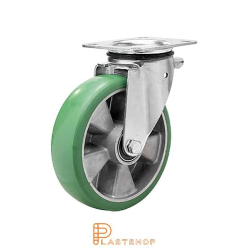 [P2001197] Länkhjul utan broms, platta, hjuldiameter 100 mm, bygghöjd 140 mm, nav i aluminium med mjuk bana i ElastoPUR i grön färg. 350 kg bärighet, dubbla kullager