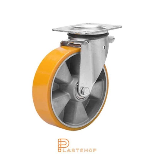 [P2001194] Link wheel without brake, plate, wheel diameter 100 mm, building height 140 mm, hub in aluminum with soft band in PUR in orange. 400 kg load capacity, double ball bearing