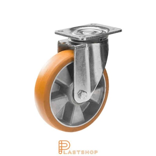 [P2001355] Lenkehjul uten bremse, plate, hjuldiameter 100 mm, byggehøyde 142 mm, nav i aluminium med myk bane i ElastoPUR i brun farge. 400 kg bæreevne, doble kuleledd