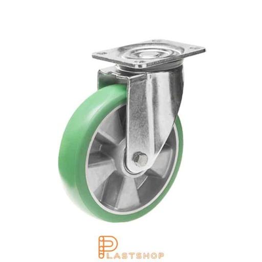 [P2001356] Link wheel without brake, plate, wheel diameter 100 mm, building height 142 mm, hub in aluminum with soft band in ElastoPUR in grön. 350 kg load capacity, double ball bearing