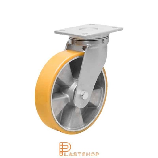 [P2001557] Lenkehjul uten bremse, plate, hjuldiameter 100 mm, byggehøyde 145 mm, nav i aluminium med myk bane i PUR i oransje farge. 400 kg bæreevne, doble kuleledd