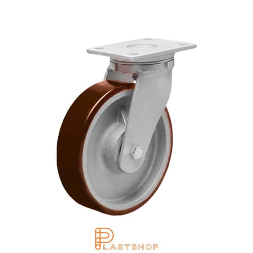 [P2001554] Link wheel without brake, plate, wheel diameter 100 mm, building height 145 mm, hub in cast iron with soft band in PUR in röd. 400 kg load capacity, double ball bearing