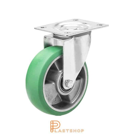 [P2000954] Link wheel without brake, plate, wheel diameter 125 mm, building height 155 mm, hub in aluminum with soft band in ElastoPUR in grön. 200 kg load capacity, double ball bearing