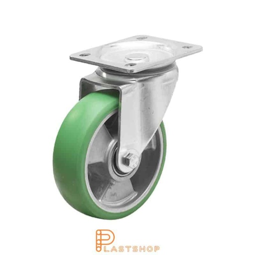 [P2000459] Länkhjul utan broms, platta, hjuldiameter 125 mm, bygghöjd 156 mm, nav i aluminium med mjuk bana i ElastoPUR i grön färg. 300 kg bärighet, dubbla kullager