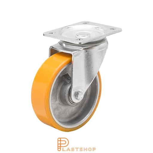 [P2000458] Länkhjul utan broms, platta, hjuldiameter 125 mm, bygghöjd 156 mm, nav i aluminium med mjuk bana i PUR i orange färg. 350 kg bärighet, dubbla kullager