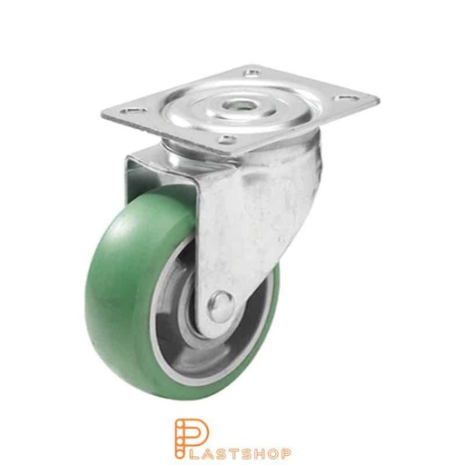 [P2000701] Länkhjul utan broms, platta, hjuldiameter 125 mm, bygghöjd 157 mm, nav i aluminium med mjuk bana i ElastoPUR i grön färg. 160 kg bärighet, dubbla kullager