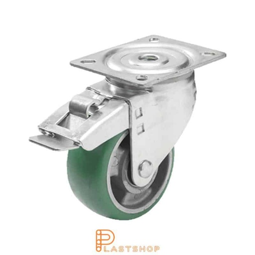 [P2000737] Lenkehjul uten bremse, plate, hjuldiameter 125 mm, byggehøyde 157 mm, nav i aluminium med myk bane i ElastoPUR i grønn farge. 200 kg bæreevne, doble kuleledd