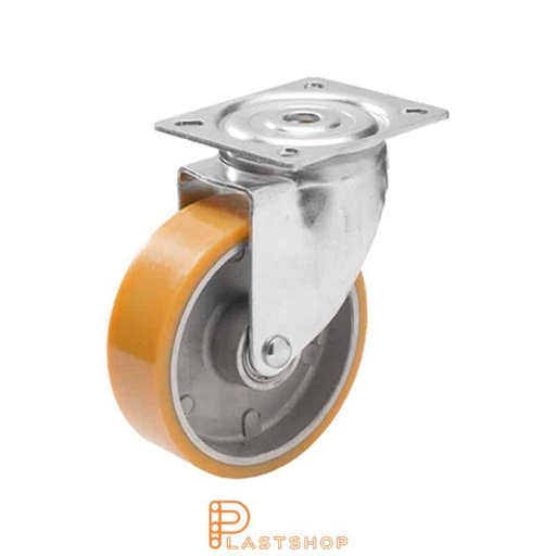 [P2000700] Länkhjul utan broms, platta, hjuldiameter 125 mm, bygghöjd 157 mm, nav i aluminium med mjuk bana i PUR i orange färg. 160 kg bärighet, dubbla kullager