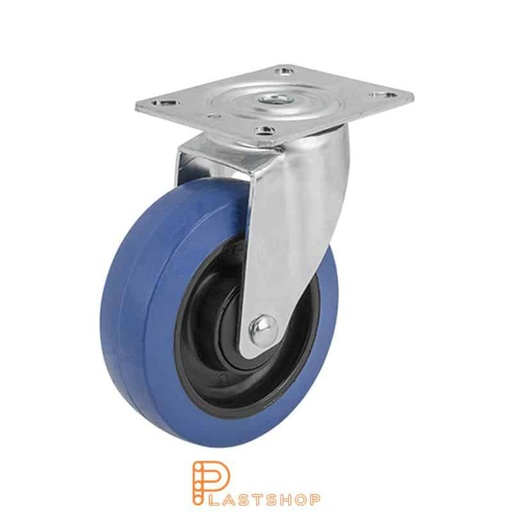 [P2000424] Link wheel without brake, plate, wheel diameter 125 mm, building height 157 mm, hub in PA6 with soft band in ElastoGum in blå. 140 kg load capacity, ball bearing