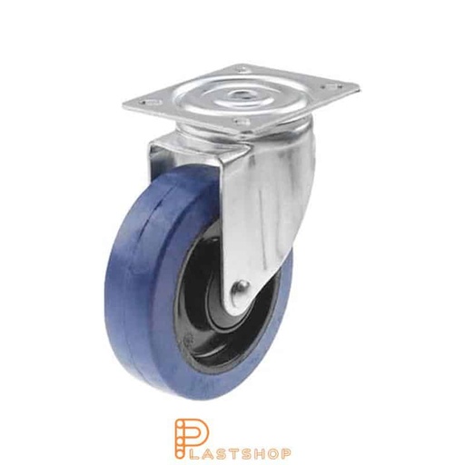 [P2000705] Link wheel without brake, plate, wheel diameter 125 mm, building height 157 mm, hub in PA6 with soft band in ElastoGum in blå. 225 kg load capacity, ball bearing